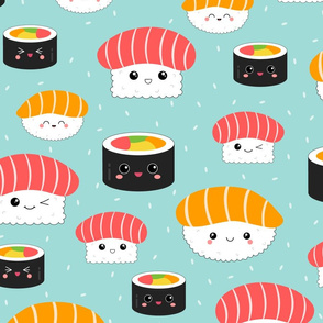 (L) Kawaii Sushi Cuties - Large on Blue - Salmon Nigiri, Tuna Nigiri, Maki Roll - Cute & Fun Japanese Food