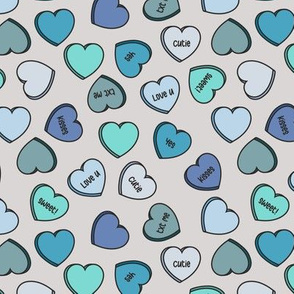 (S Scale) Conversation Hearts Scattered Pattern - Blue Hues - Grey