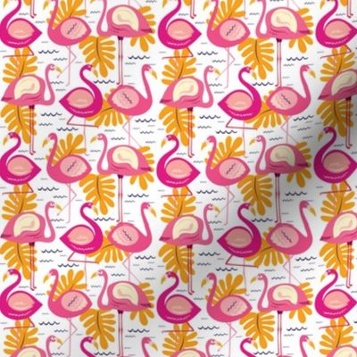 Flock of Flamingos Stick Together - Small Scale White Background
