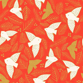 Fir Sprigs and Birds {Red/Gold} large scale