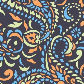 Large Paisley Africa - charcoal blue (lighter) orange green