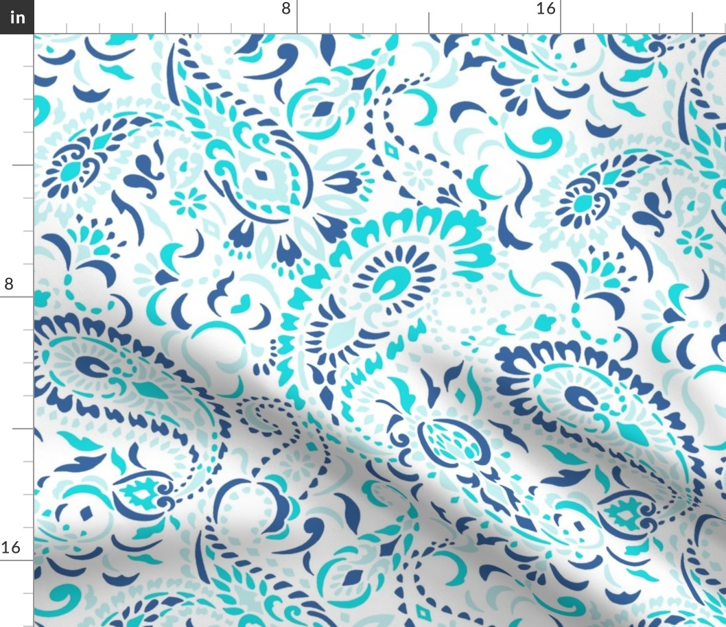 large Paisley Africa white indigo turquoise