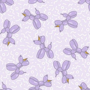 (S Scale) Balloon Unicorns Scattered with White Confetti on Purple | Lilac dogs