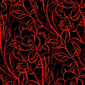 Red roses, tangled flowers black and red, floral design, lines, hot summer 