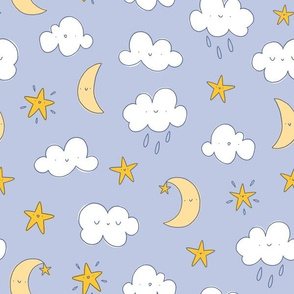 Clouds, moon and stars cute nursery pattern, medium scale