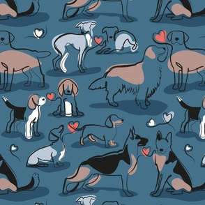 Normal scale // Woof endless love // dark teal background coral hearts continuous lined pair of dog breeds // Italian greyhounds beagles german shepherds Dachshunds Golden Retriever and Lavrador Retriever 
