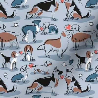 Small scale // Woof endless love // pastel blue background coral hearts continuous lined pair of dog breeds // Italian greyhounds beagles german shepherds Dachshunds Golden Retriever and Lavrador Retriever 