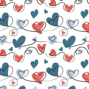 Small scale // Endless love // white background coral dark teal and pastel blue hearts