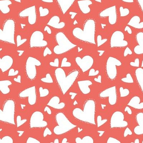 Small scale // Love burst // coral background white hearts