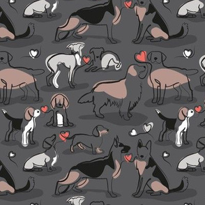 Small scale // Woof endless love // charcoal grey background coral hearts continuous lined pair of dog breeds // Italian greyhounds beagles german shepherds Dachshunds Golden Retriever and Lavrador Retriever 