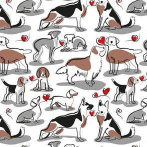 Small scale // Woof endless love // white background red hearts continuous lined pair of dog breeds // Italian greyhounds beagles german shepherds Dachshunds Golden Retriever and Lavrador Retriever 