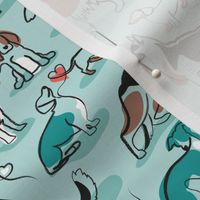 Small scale // Woof endless love // aqua background coral hearts continuous lined pair of dog breeds // Italian greyhounds beagles german shepherds Dachshunds Golden Retriever and Lavrador Retriever 
