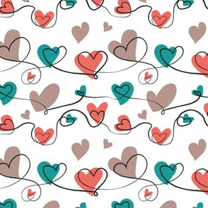 Small scale // Endless love // white background coral brown and mint hearts