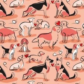 Small scale // Woof endless love // flesh coral background red hearts continuous lined pair of dog breeds // Italian greyhounds beagles german shepherds Dachshunds Golden Retriever and Lavrador Retriever 