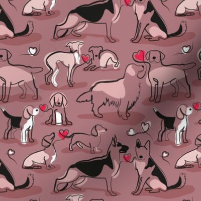 Small scale // Woof endless love // dry rose background pink hearts continuous lined pair of dog breeds // Italian greyhounds beagles german shepherds Dachshunds Golden Retriever and Lavrador Retriever 