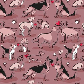 Small scale // Woof endless love // dry rose background pink hearts continuous lined pair of dog breeds // Italian greyhounds beagles german shepherds Dachshunds Golden Retriever and Lavrador Retriever 