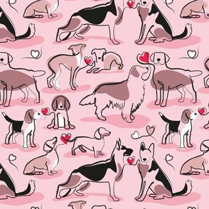 Small scale // Woof endless love // pastel pink background pink hearts continuous lined pair of dog breeds // Italian greyhounds beagles german shepherds Dachshunds Golden Retriever and Lavrador Retriever 