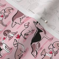 Tiny scale // Woof endless love // pastel pink background pink hearts continuous lined pair of dog breeds // Italian greyhounds beagles german shepherds Dachshunds Golden Retriever and Lavrador Retriever 