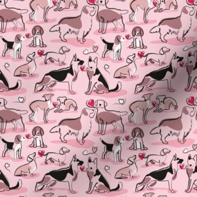 Tiny scale // Woof endless love // pastel pink background pink hearts continuous lined pair of dog breeds // Italian greyhounds beagles german shepherds Dachshunds Golden Retriever and Lavrador Retriever 