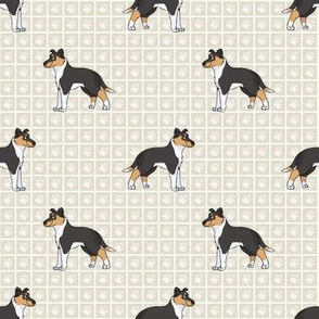  Hand drawn cute smooth collie breed dog seamless pattern. 