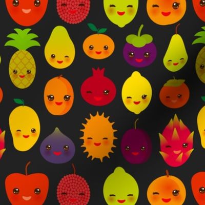 cute kawaii fruit Pear Mangosteen tangerine pineapple papaya persimmon pomegranate lime apricot plum dragon fruit figs mango peach lemon lychee apple kiwano black background