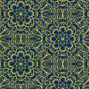 Net Lace Flowers of Pale Gold on Midnight Blue