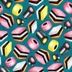 Licorice Allsorts - a hand-drawn pencil illustration on textured teal