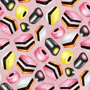 Licorice Allsorts - a hand-drawn pencil illustration on textured pink