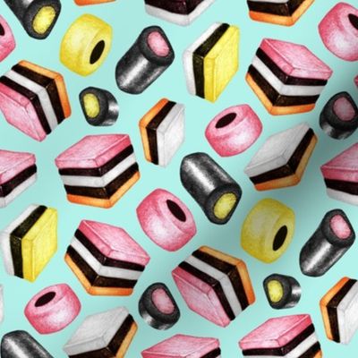 Licorice Allsorts - a hand-drawn pencil illustration on bright mint green