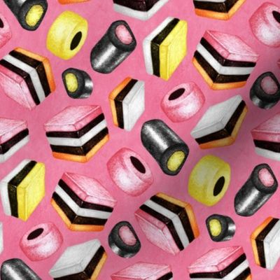 Licorice Allsorts - a hand-drawn pencil illustration on textured hot pink