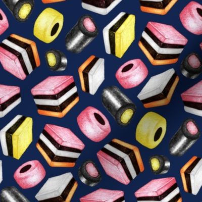 Licorice Allsorts - a hand-drawn pencil illustration on dark navy blue