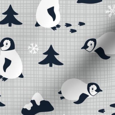 Penguins. Gray background. Big scale