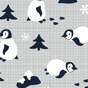 Penguins. Gray background. Big scale