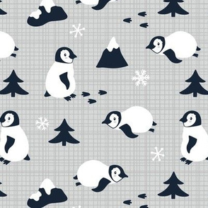 Penguins. Gray background. Medium scale