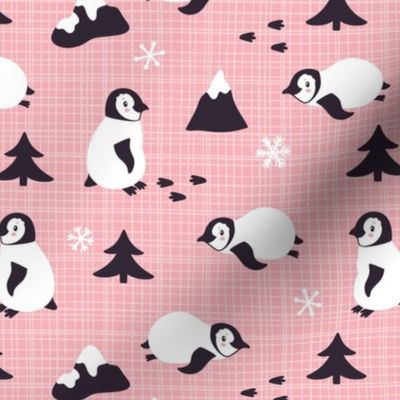 Penguins. Pink background. Medium scale