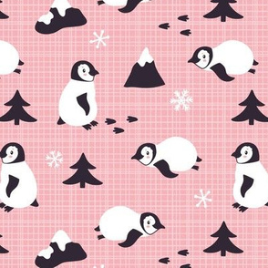 Penguins. Pink background. Medium scale