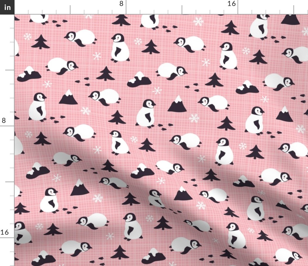 Penguins. Pink background. Medium scale