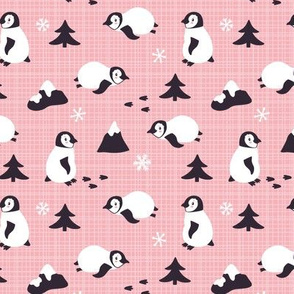 Penguins. Pink background. Small scale
