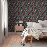 Japanese  flowers and little spiders-black floral bedding/sewing.