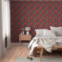 Japanese  flowers and little spiders_red floral for bedding/ sewing.