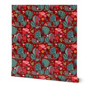 Japanese  flowers and little spiders_red floral for bedding/ sewing.