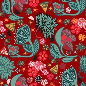 Japanese  flowers and little spiders_red floral for bedding/ sewing.