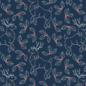 Reindeer and Holly Contour Drawing on Navy - Small