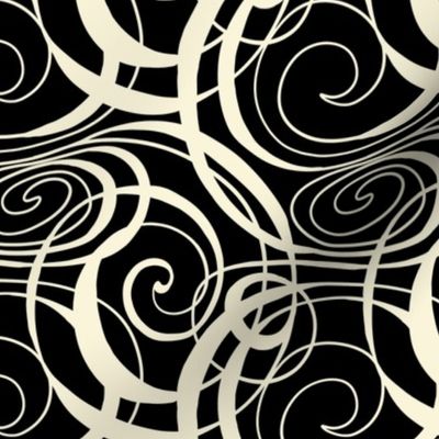 continuous line spirals in cream on black