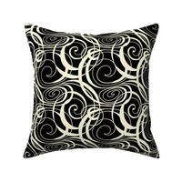 continuous line spirals in cream on black