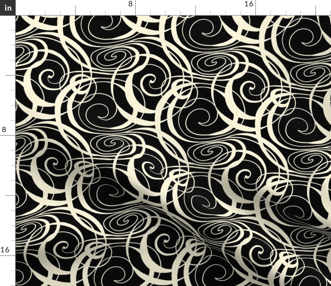 continuous line spirals in cream on black