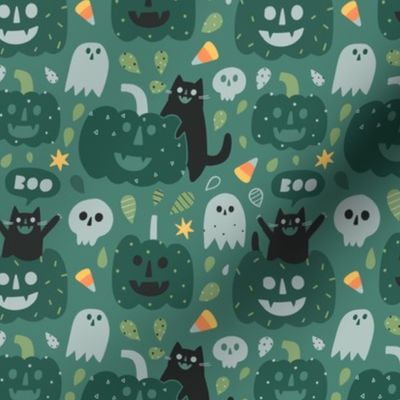 Green Halloween cats and pumpkins