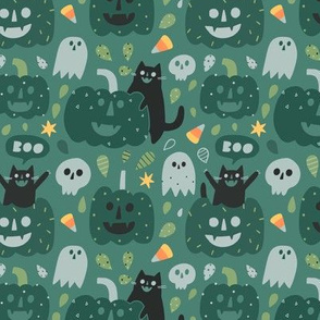 Green Halloween cats and pumpkins