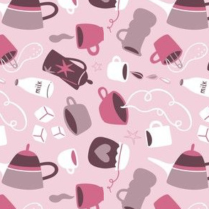 Pink tea and coffee cups and pots 