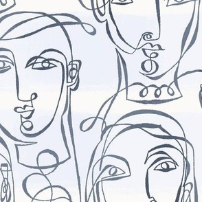 large scale inky doodled faces, ivory slate periwinkle